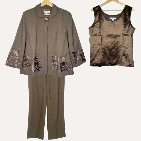 NEW Coldwater Creek 3-Piece Set Brown Floral Embroidered Jacket Tank Pants 14 - Picture 1 of 14